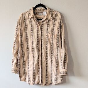 Vintage Embroidered Floral Blouse | Cotton Earth Tone Floral Button-Up Shirt